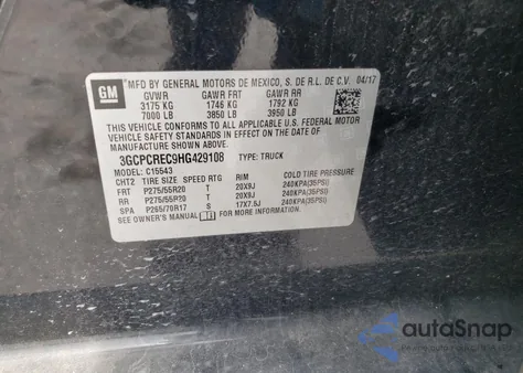 2017 Chevrolet Silverado C1500 Lt z USA, uszkodzony, nr VIN 3GCPCREC9HG429108